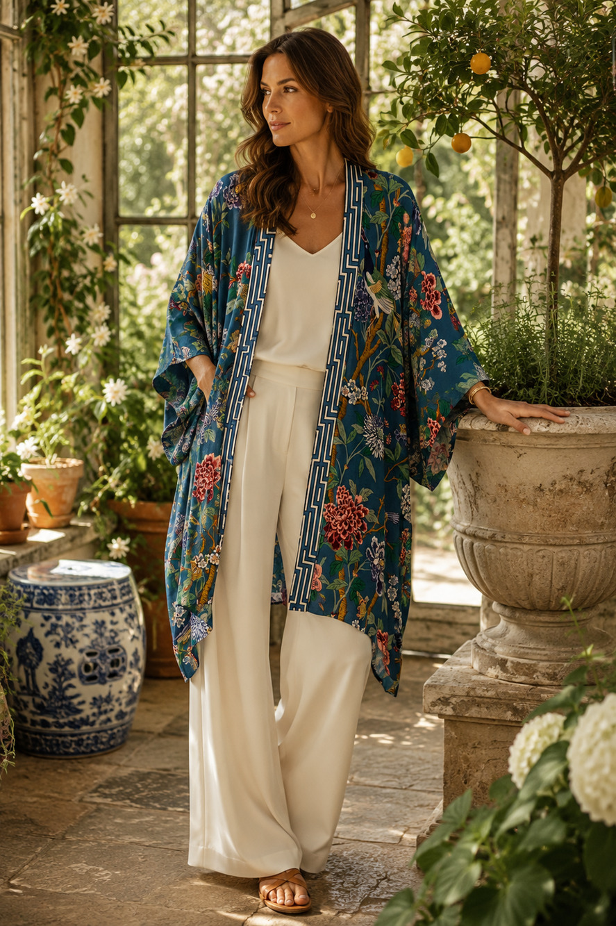 GP & J Baker x H&M XS/S Oriental Bird Floral Long Kimono Duster Art Nouveau